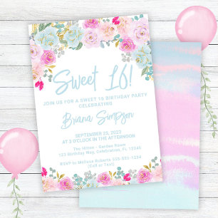 Blue Pink Peach Floral Sweet 16 Birthday Party Invitation