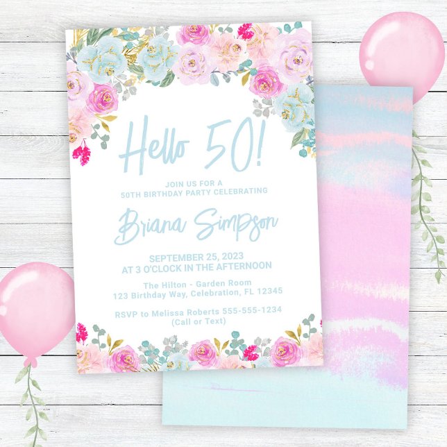 Blue Pink Peach Purple Floral 50th Birthday Party Invitation (Creator Uploaded)