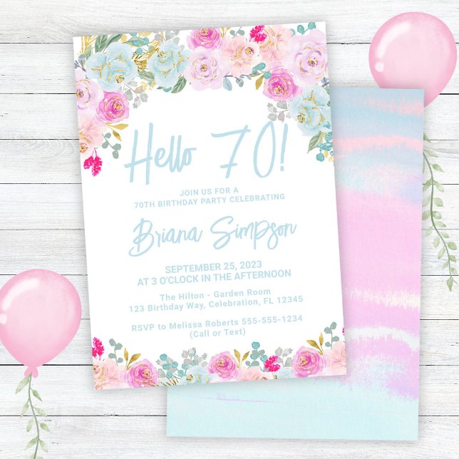 Blue Pink Peach Purple Floral 70th Birthday Party Invitation (Creator Uploaded)