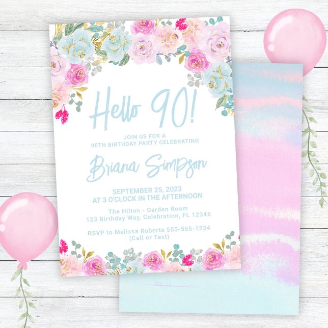 Blue Pink Peach Purple Floral 90th Birthday Party Invitation (Creator Uploaded)
