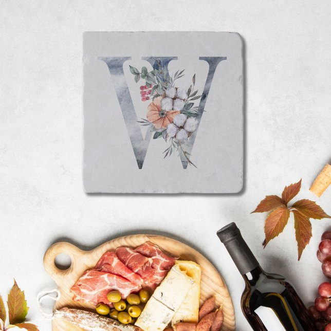 Blue Pink Peach White Floral Monogram Initial W Trivet (Blue White Peach Watercolor Floral Monogram Letter W Trivet)