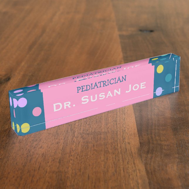 Blue pink pediatrician name plate colorful dots (Side)
