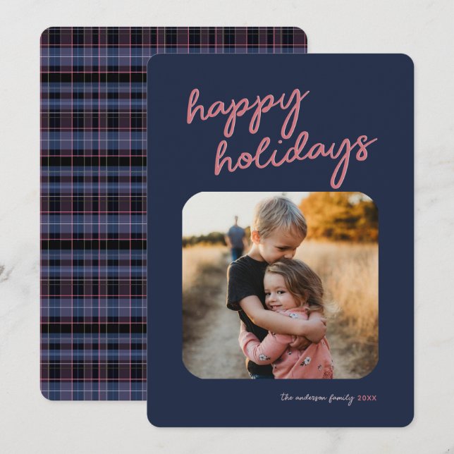 Blue Pink Plaid 1-Photo Happy Holidays Script Holiday Card (Front/Back)