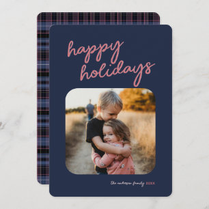 Blue Pink Plaid 1-Photo Happy Holidays Script Holiday Card
