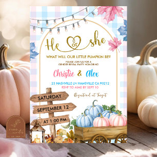 Blue Pink Plaid pumpkin patch Gender Reveal Invitation