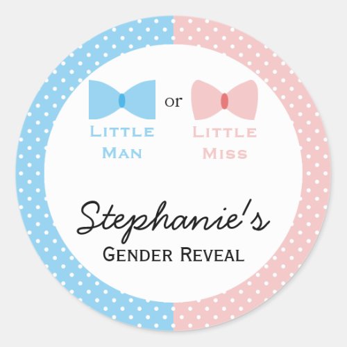 Blue Pink Polka Dot Gender Reveal Bow and Bow Tie Classic Round Sticker