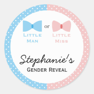 Blue, Pink Polka Dot Gender Reveal Bow and Bow Tie Classic Round Sticker
