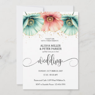 Blue & Pink Poppy Watercolor Wedding Invitation