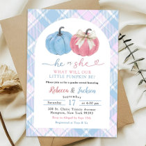 Blue Pink Preppy Gingham Pumpkin Gender Reveal Invitation