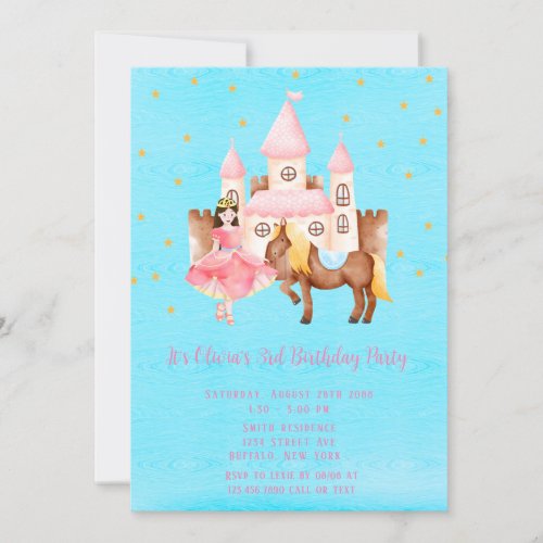 Blue Pink Princess Castle Horse Birthday Party Invitation