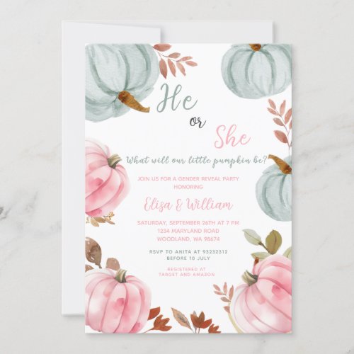 Blue Pink Pumpkin Fall Gender Reveal Invitation