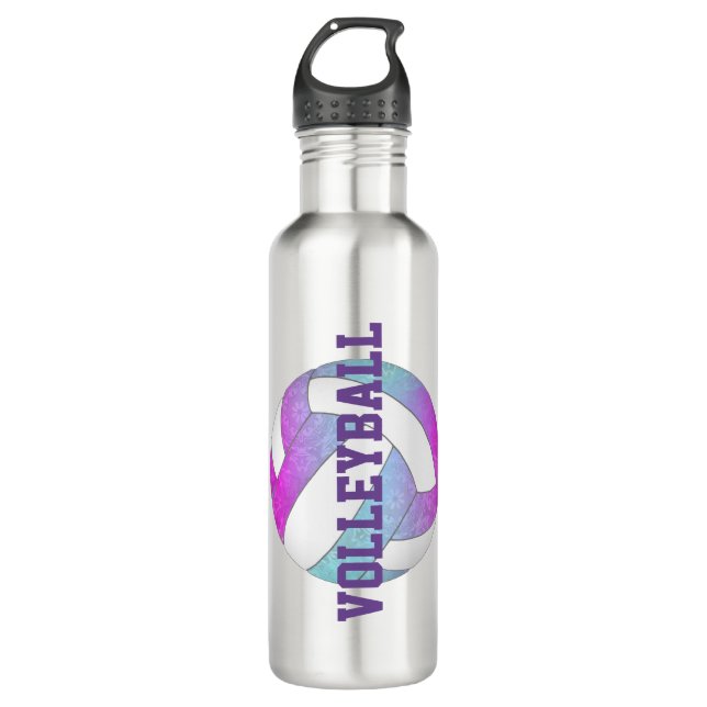 blue pink purple artsy girls volleyball stainless steel water bottle (Front)