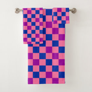 Blue Pink Purple Checkered Pattern Design Bath Towel Set
