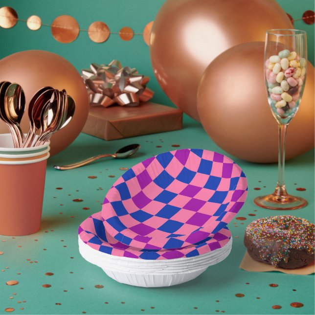 Blue Pink Purple Checkered Pattern Design  Paper Bowls (Multi)