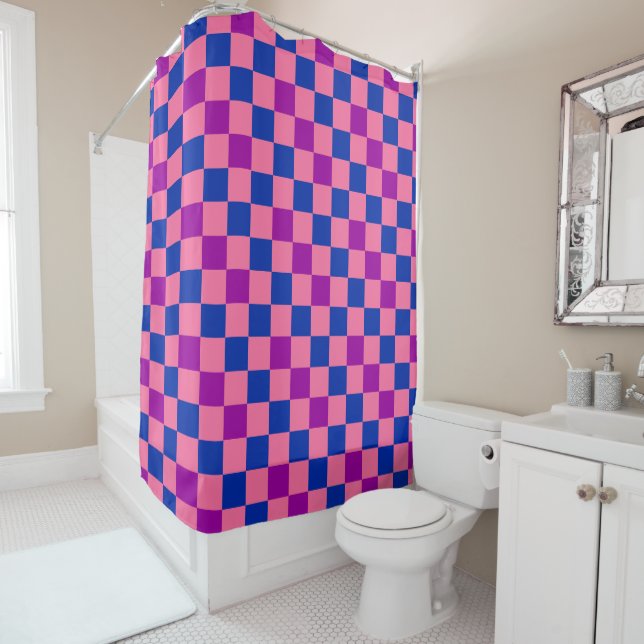 Blue Pink Purple Checkered Pattern Design  Shower Curtain (In Situ)