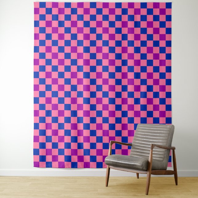 Blue Pink Purple Checkered Pattern Design  Tapestry (In Situ)