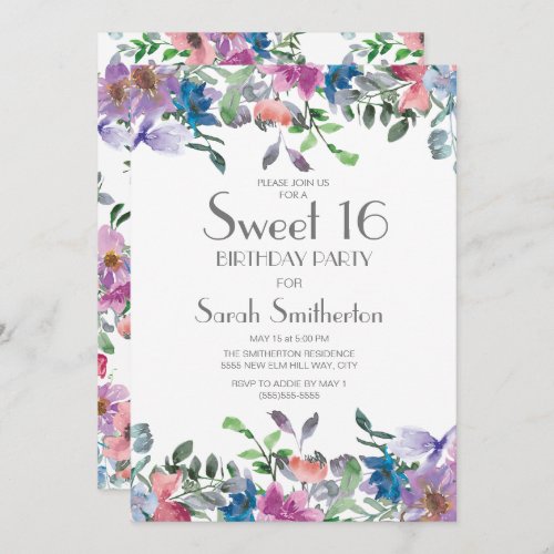 Blue Pink Purple Floral Sweet 16 Birthday Party Invitation