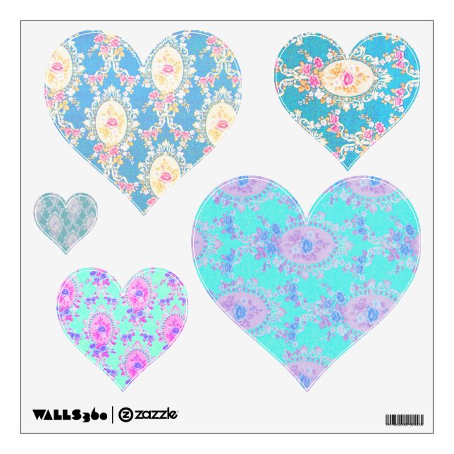 Blue Pink Purple Floral Victorian Wallpaper Hearts Wall Decal (Front)