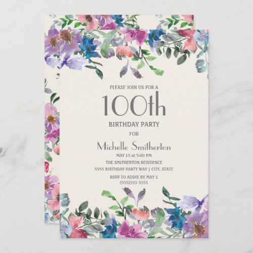 Blue Pink Purple Floral Womens 100th Birthday Invitation