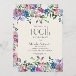 Blue Pink Purple Floral Women's 100th Birthday Invitation