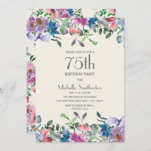Blue Pink Purple Floral Women's 75th Birthday Invitation