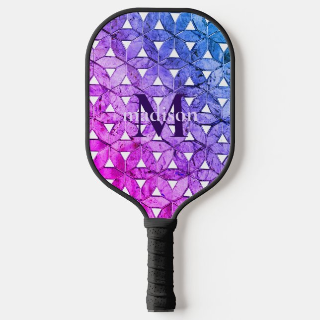 Blue pink purple flower of life scared geometry pickleball paddle (Front)