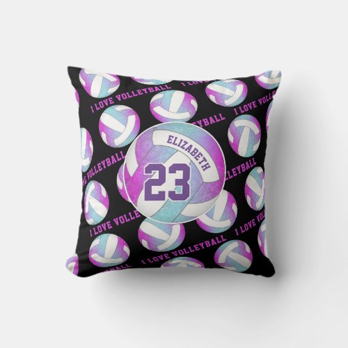 blue pink purple girly I love volleyball Throw Pillow