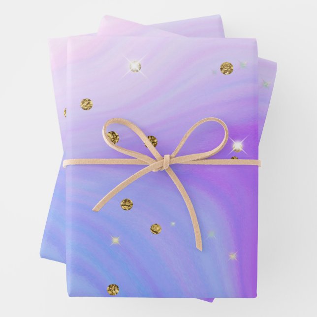 Blue pink purple gold glitter swirl Girls Birthday Wrapping Paper Sheets (In situ)