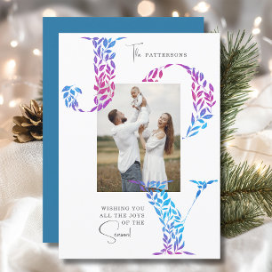 Blue Pink Purple Joy Family Christmas Photo  Holiday Card