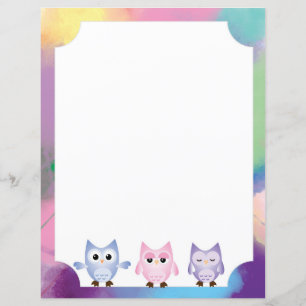 Blue, Pink, Purple Owls Colored Bordered Paper