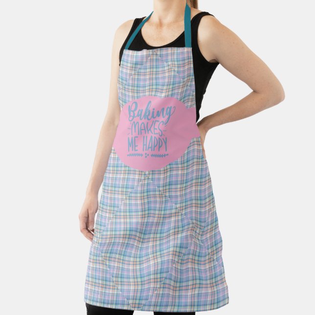 Blue Pink Purple Plaid Baking Makes Me Happy Apron (Insitu)