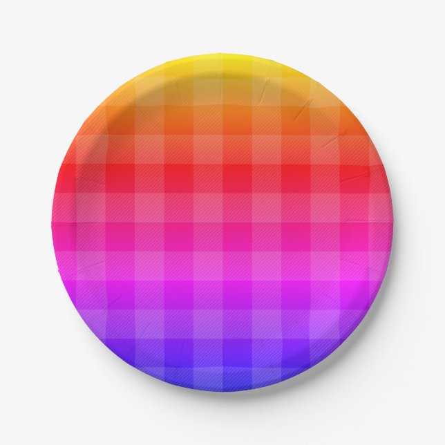 Blue pink purple red orange yellow plaid paper plates (Front)