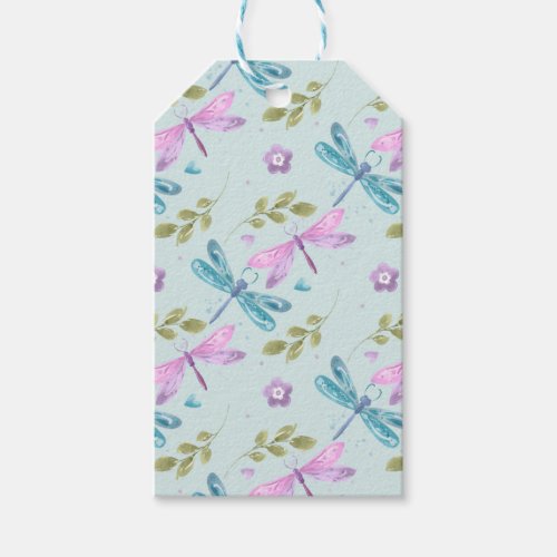 BLUE PINK PURPLE WATERCOLOR DRAGONFLIES GIFT TAGS