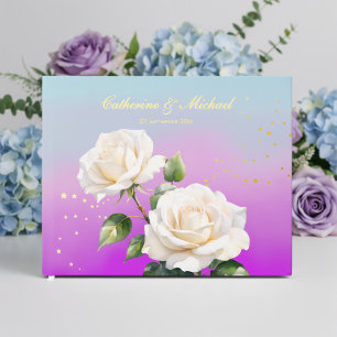 Blue Pink Purple Watercolor Ombre Roses Wedding Foil Guest Book