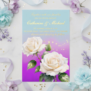 Blue Pink Purple Watercolor Ombre Roses Wedding Foil Invitation