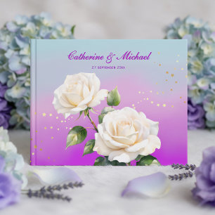 Blue Pink Purple Watercolor Ombre Roses Wedding Guest Book