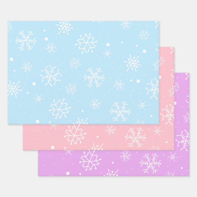Blue Pink Purple White Snowflakes Wrapping Paper Sheets (Set)