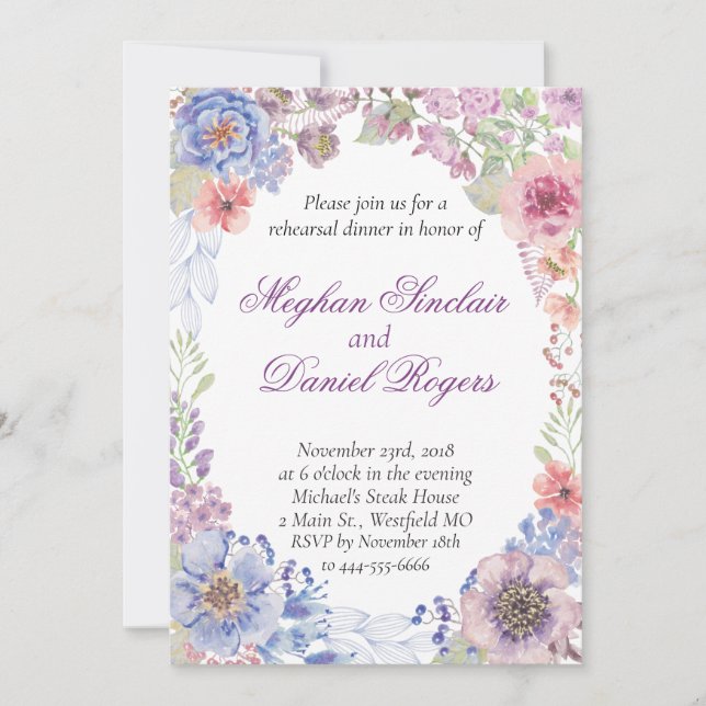 Blue, Pink & Purple Wildflower Rehearsal Dinner Invitation (Front)