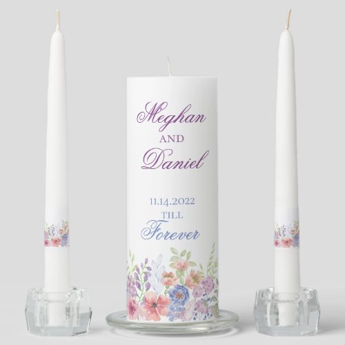 Blue Pink  Purple Wildflower   Unity Candle Set