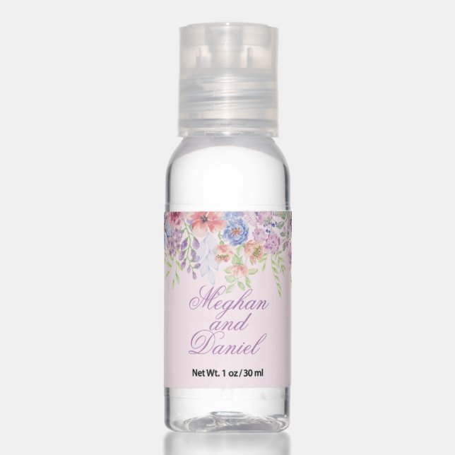 Blue, Pink & Purple Wildflower Wedding Hand Sanitizer (Front)