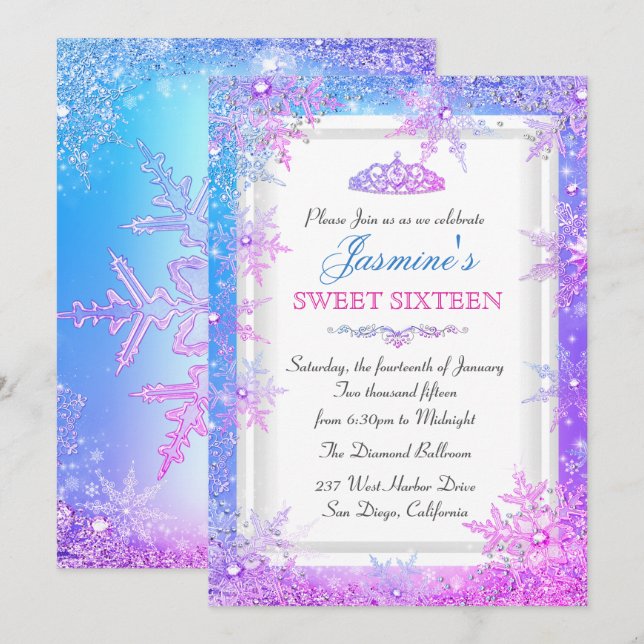 Blue Pink Purple Winter Wonderland Sweet 16 Invite (Front/Back)