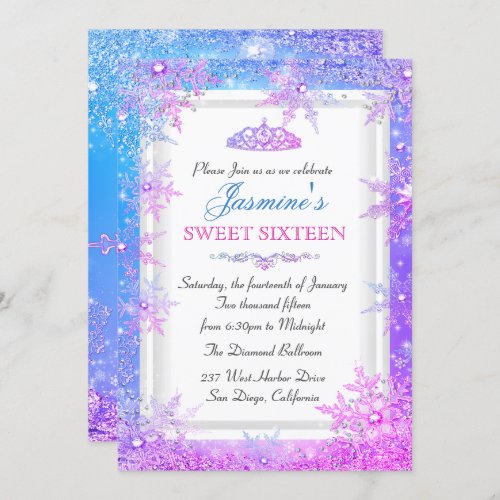 Blue Pink Purple Winter Wonderland Sweet 16 Invite