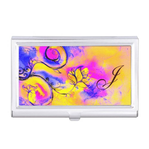 BLUE PINK PURPLE YELLOW WHIMSICAL FLOWERS MONOGRAM BUSINESS CARD HOLDER