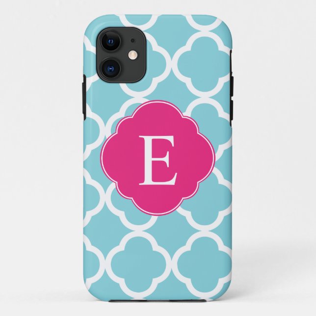 Blue Pink Quatrefoil Monogram Case-Mate iPhone Case (Back)