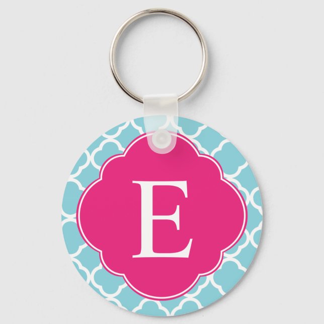 Blue Pink Quatrefoil Monogram Keychain (Front)
