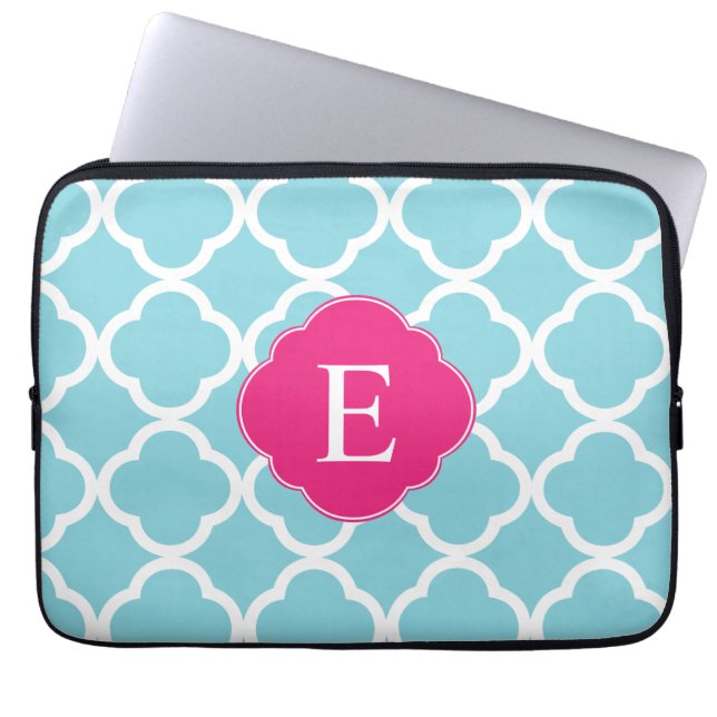 Blue Pink Quatrefoil Monogram Laptop Sleeve (Front)