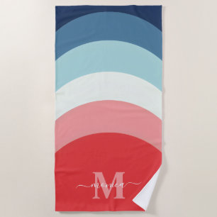 Blue Pink Rainbow Curve Stripes Monogram Name Beach Towel