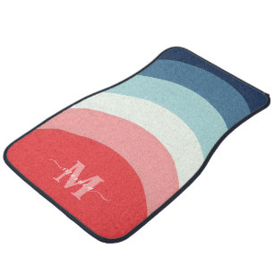Blue Pink Rainbow Curve Stripes Monogram Name Car Floor Mat