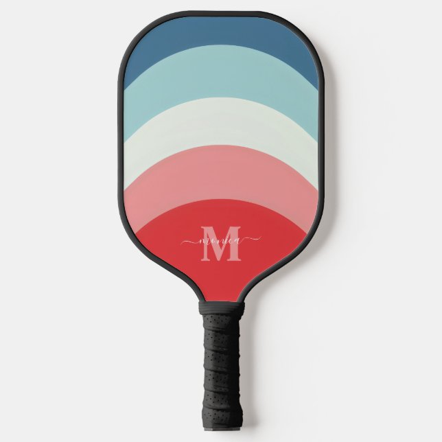 Blue Pink Rainbow Curve Stripes Monogram Name Pickleball Paddle (Front)
