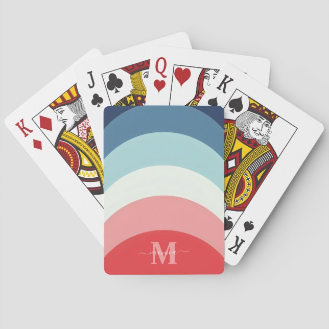 Blue Pink Rainbow Curve Stripes Monogram Name Poker Cards (Back)